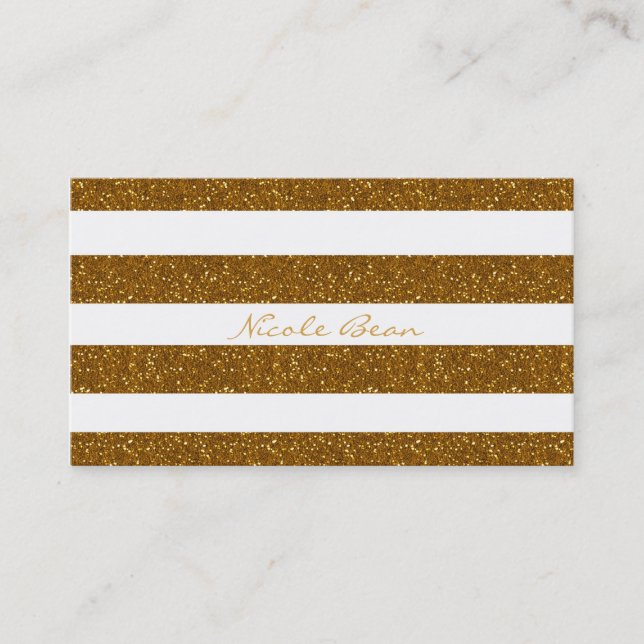 Gold Glitter & White Stripes Glamour Business Card (Front)