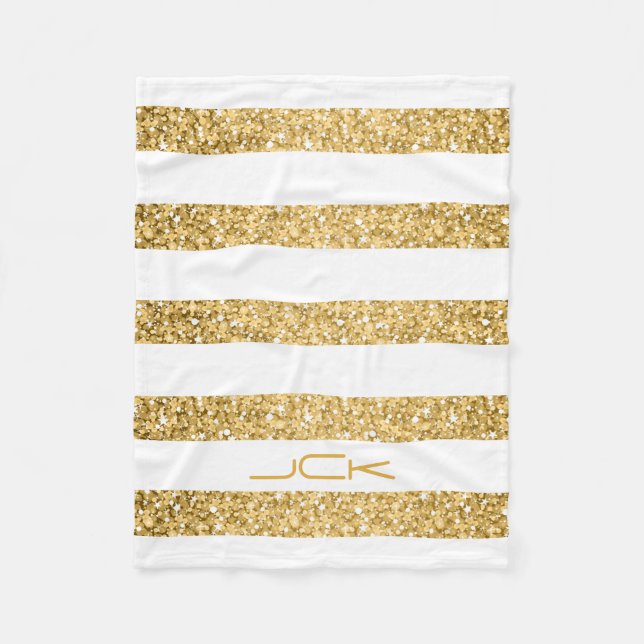 Gold Glitter White Stripes Pattern Monogram Fleece Blanket (Front)