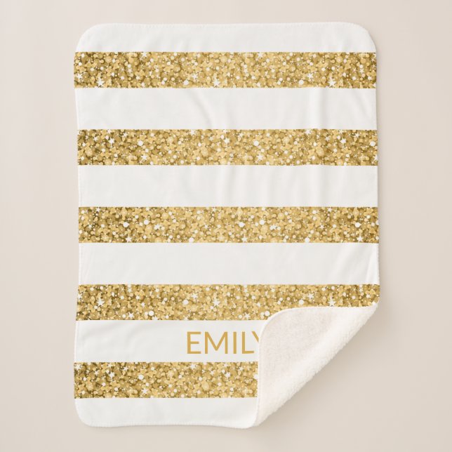 Gold Glitter White Stripes Sherpa Blanket (Front)