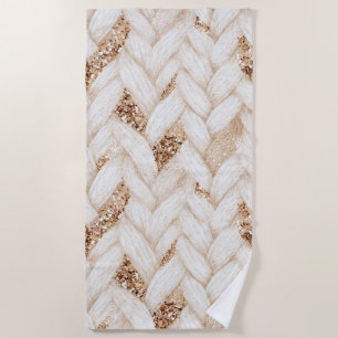Gold Glitter White Woven Faux Fabric   Beach Towel