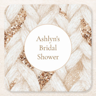 Gold Glitter White Woven Faux Fabric Bridal Shower Square Paper Coaster