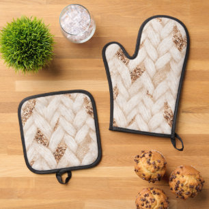 Gold Glitter White Woven Faux Fabric   Oven Mitt & Pot Holder Set
