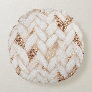 Gold Glitter White Woven Faux Fabric Round Cushion