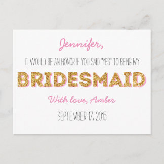 Gold Glitter Will You Be My Bridesmaid Postcard