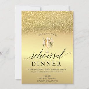 Gold Glitter Wine Glass Flowers Rehearsal Dinner Invitation