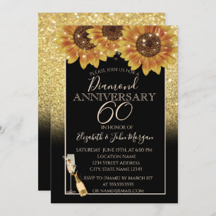 Gold Glitter,Wine,Glass, Sunflowers Anniversary Invitation