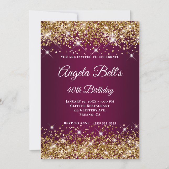 Gold Glitter Wine Ombre Fancy Monogram Invitation (Front)