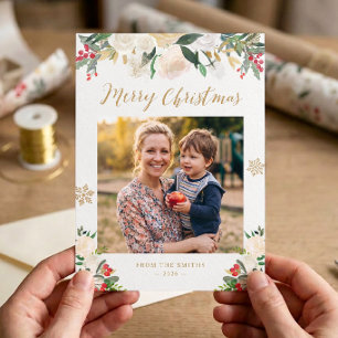 Gold Glitter Winter Floral Merry Christmas Photo Holiday Card