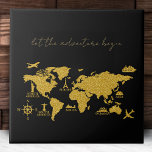 Gold Glitter World Map on Black Elegant Adventure Ceramic Tile<br><div class="desc">Perfect for the world traveler,  this pretty and modern global continent map is overlaid with gold glitter. Text says let the adventure begin and this text may be edited or removed,  per your preference. The image and text is on an elegant black background.</div>