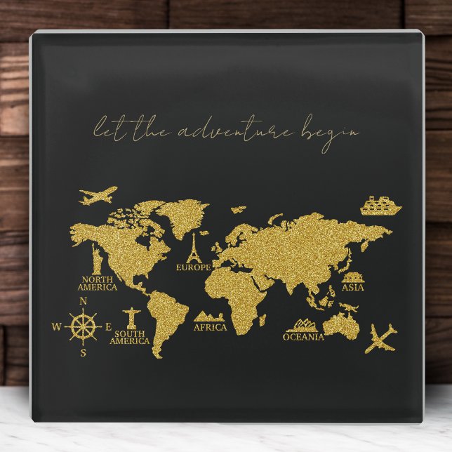 Gold Glitter World Map on Black Elegant Adventure Glass Coaster (Creator Uploaded)