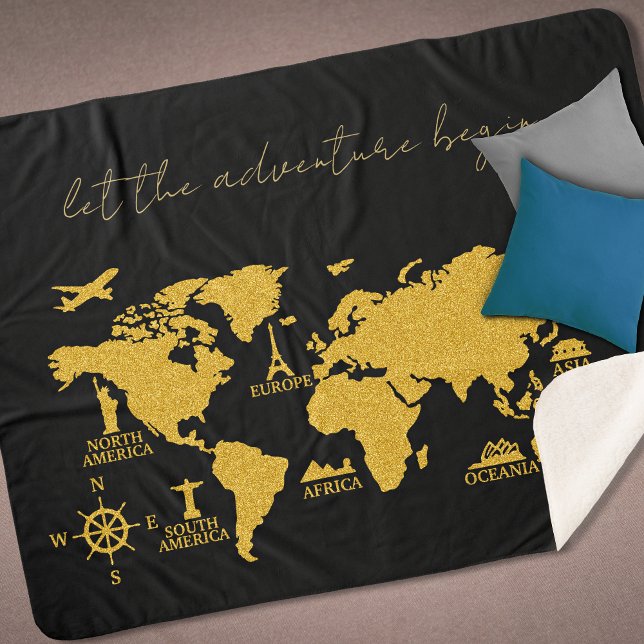 Gold Glitter World Map on Black Elegant Adventure Sherpa Blanket (Creator Uploaded)
