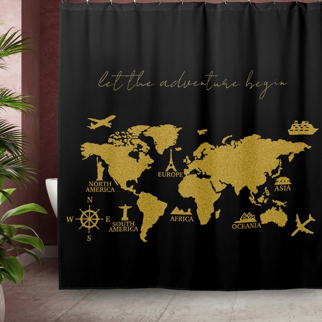 Gold Glitter World Map on Black Elegant Adventure Shower Curtain (Creator Uploaded)