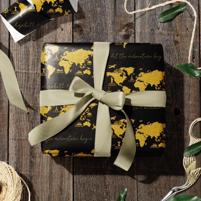 Gold Glitter World Map on Black Elegant Wedding Wrapping Paper (Creator Uploaded)