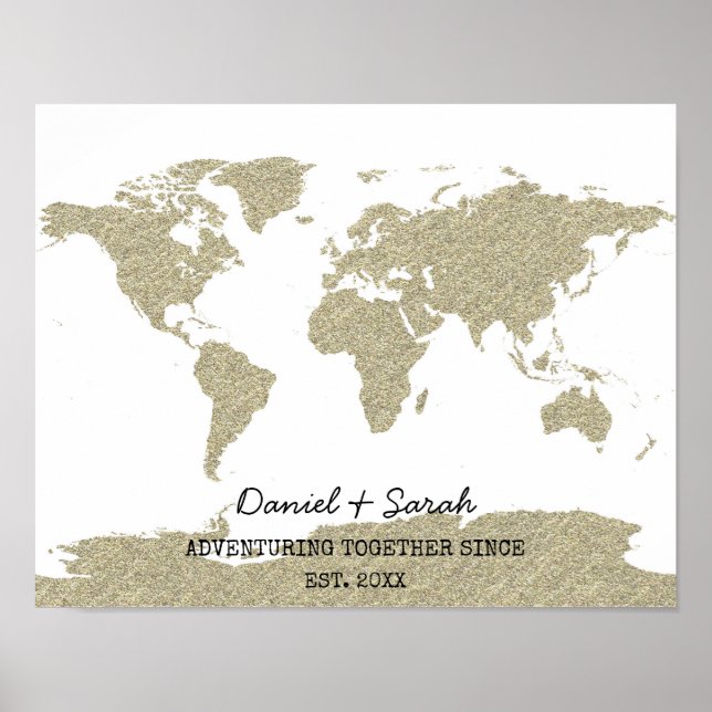 gold glitter world map travel art couples gift poster (Front)