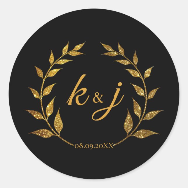 Gold Glitter Wreath Monogram Wedding Save the Date Classic Round Sticker (Front)