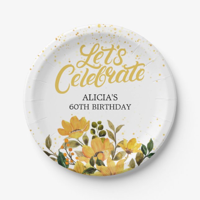 Gold Glitter Yellow Floral Birthday Paper Plate (Front)