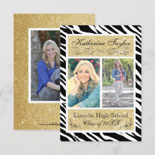 Gold Glitter Zebra 3x5 Graduation Announcement