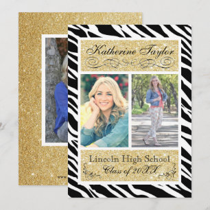 Gold Glitter Zebra Graduation Announcement