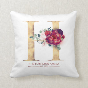 Gold Glittered and Burgundy Red Floral H Monogram Cushion