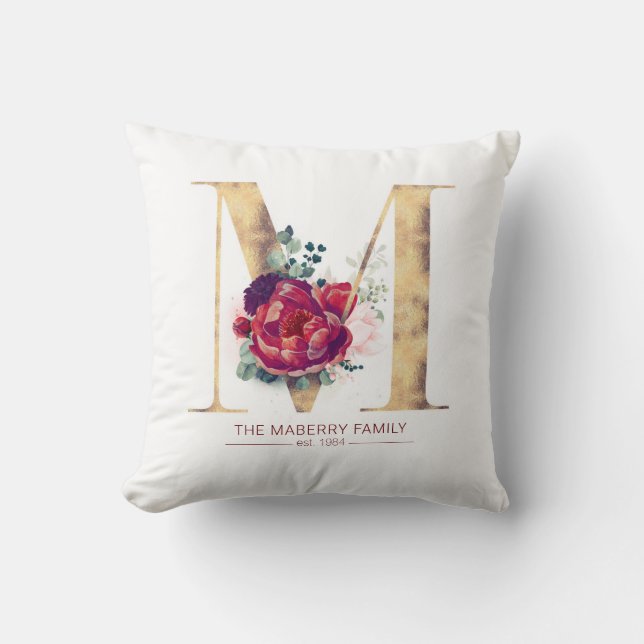 Gold Glittered M Monogram Floral Burgundy Red Cushion (Front)