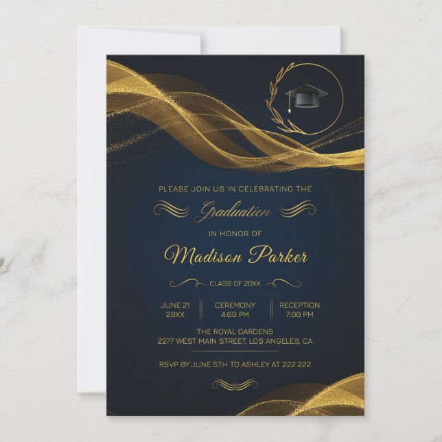 Gold Glittering Wave on Blue Graduation   Invitation (Front)
