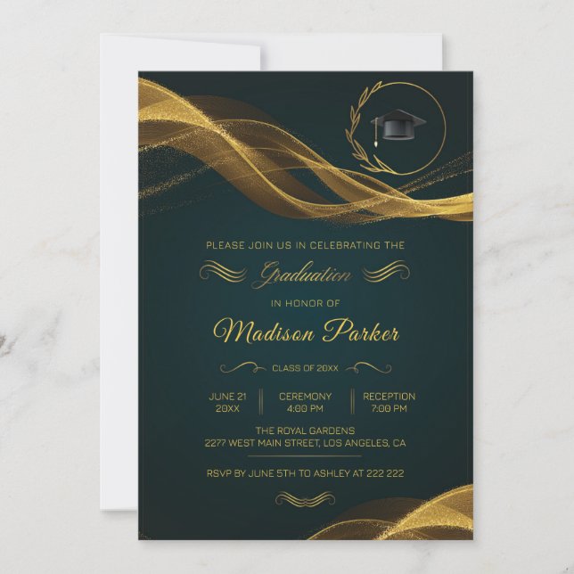 Gold Glittering Wave on Green Graduation   Invitation (Front)