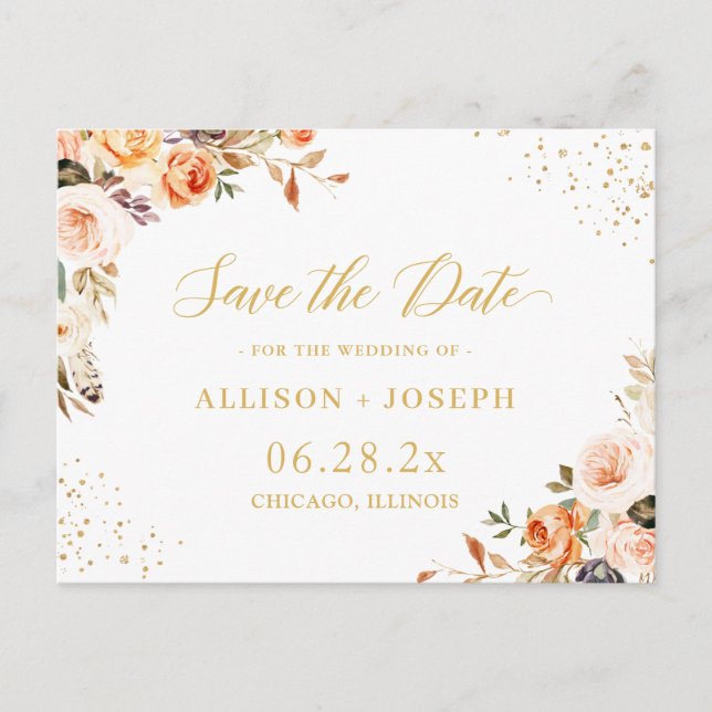 Gold Glitters Autumn Floral Wedding Save the Date Invitation Postcard (Front)