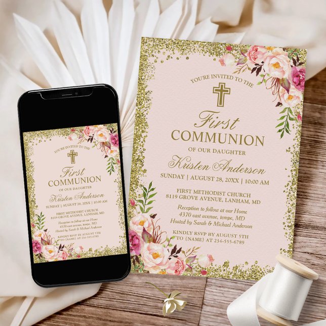 Gold Glitters Blush Pink Floral First Communion Invitation (Creator Uploaded)