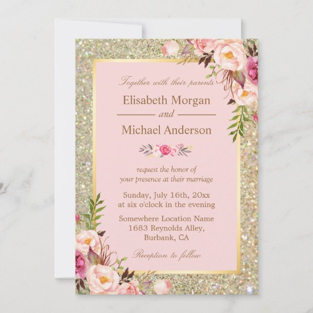 Gold Glitters Blush Pink Floral Wedding Invitation (Front)