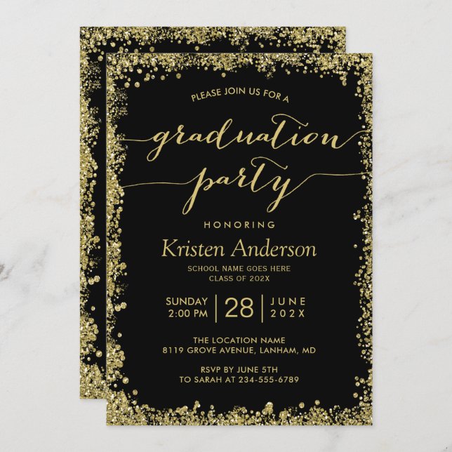 Gold Glitters Border Typography Graduation Party Invitation (Front/Back)