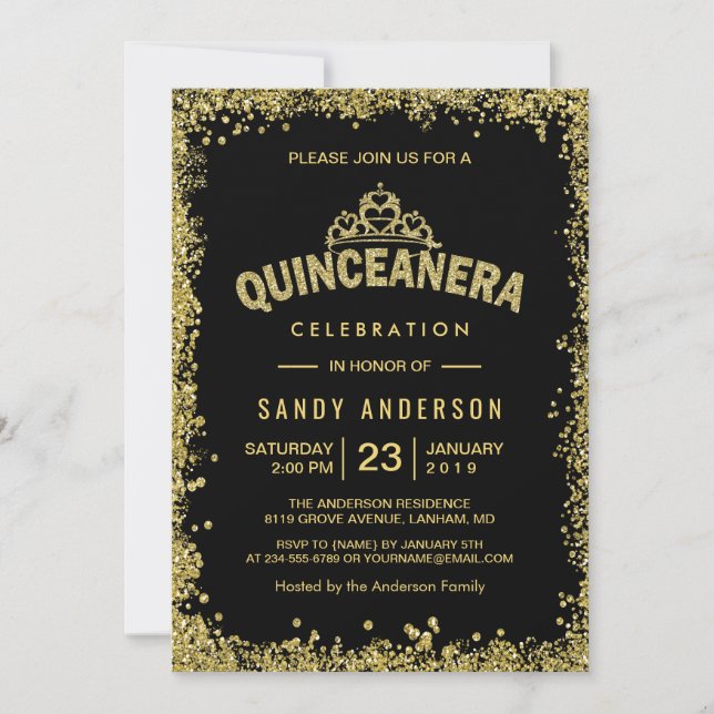 Gold Glitters Crown Quinceanera 15th Birthday Invitation (Front)