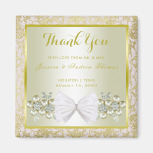 Gold Glitters, Diamond Floral Gems & Bow Thank You Magnet