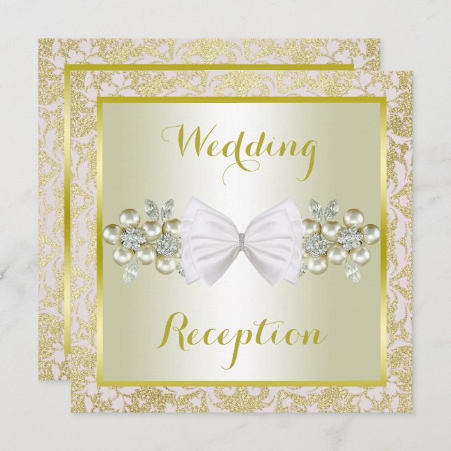Gold Glitters, Diamond Gem & Bow Wedding Reception Invitation (Front/Back)
