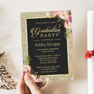 Gold Glitters Floral 2021 Photo Graduation Party Invitation
