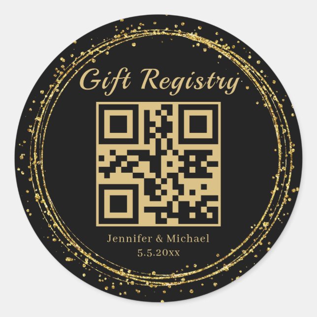 gold glitters gift registry qr code wedding classic round sticker (Front)