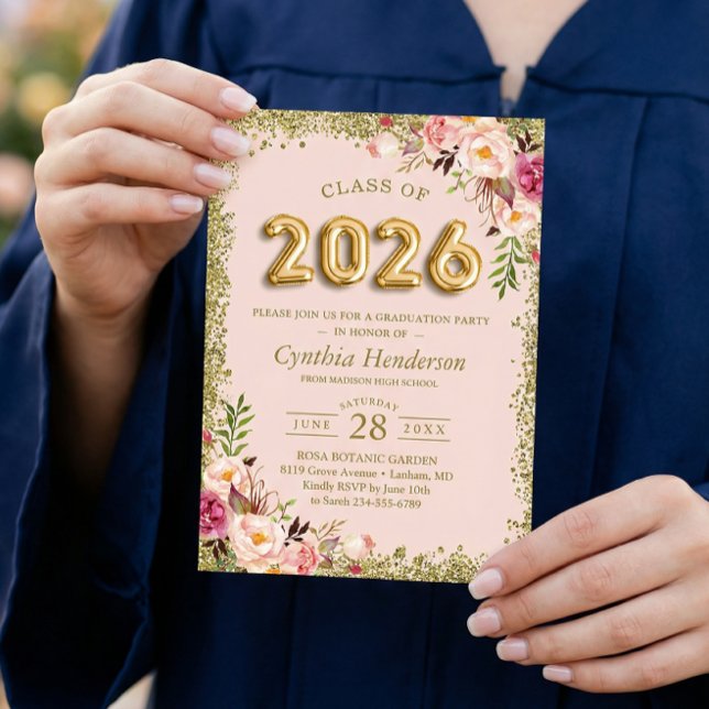 Gold Glitters Pink Floral Balloons 2026 Graduation Invitation (Creator Uploaded)