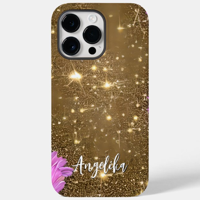 Gold Glitters Pink Flowers Custom Name Case-Mate iPhone Case (Back)