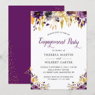 Gold Glitters Purple Chic Floral Engagement Party Invitation