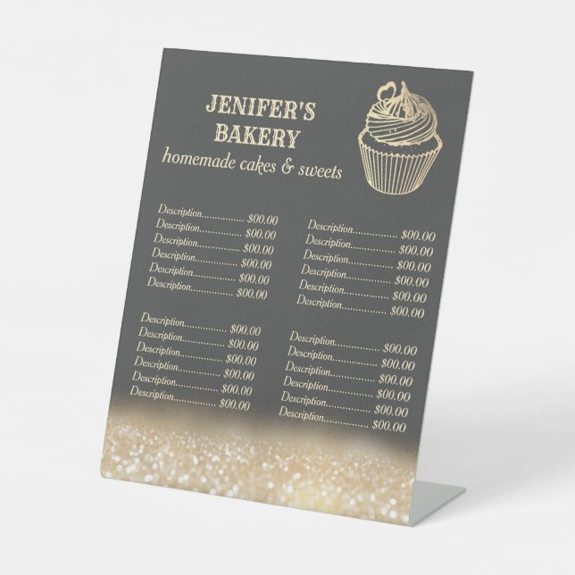 Gold glittery cupcake bakery price list pedestal s pedestal sign (Front)