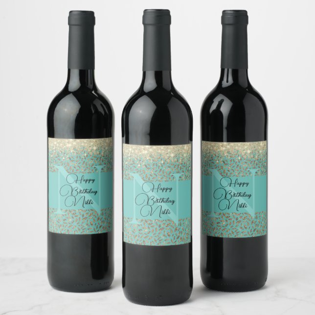 Gold Glittery Feathers Monogram Birthday    Wine Label (Bottles)