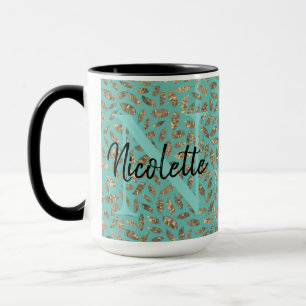 Gold Glittery Feathers Monogram on Turquoise     Mug