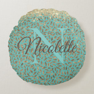 Gold Glittery Feathers Monogram on Turquoise  Round Cushion
