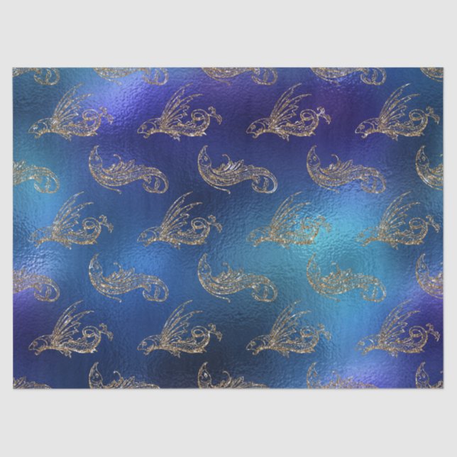 Gold Glittery Fish on Blue Decoupage Tissue Paper (Front)