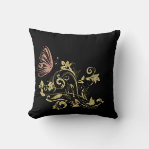 Gold Glittery Flowers & Pretty Pink Butterfly Cushion