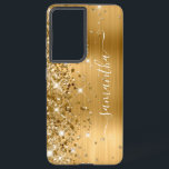 Gold Glittery Foil Girly Signature Samsung Galaxy Case<br><div class="desc">Girly faux sparkly gold glitter highlights on the left edge, over a faux golden ombre brushed metal foil. The modern girly signature features an elegant white calligraphy font with decorative tails in a vertical format. Customise the font styles or move the sparkle graphics to create your own phone gear. The...</div>