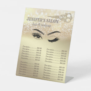 Gold glittery hair & makeup wink  price list pedestal sign