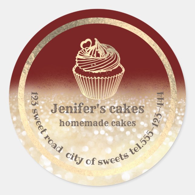 Gold glittery Homemade cakes and treats packaging Classic Round Sticker (Front)