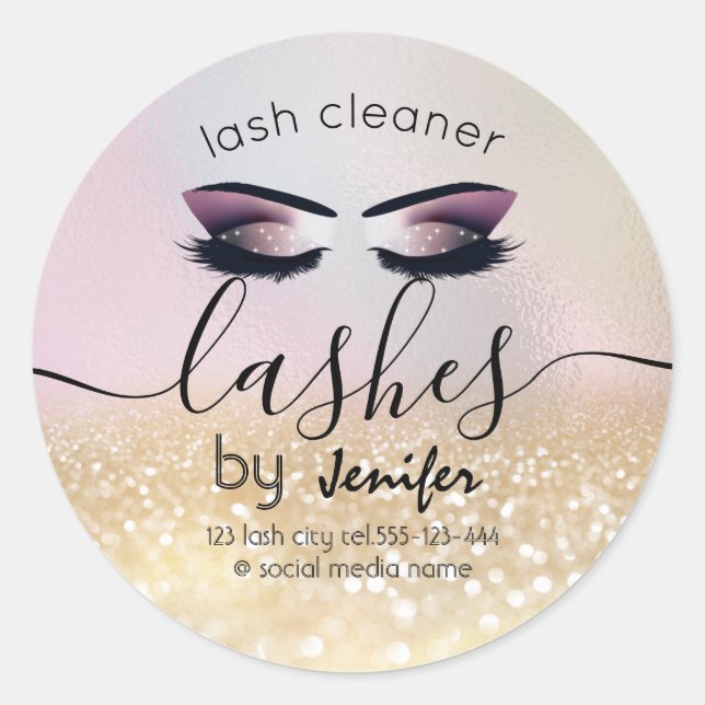 Gold glittery lash extension lash cleaner classic round sticker (Front)