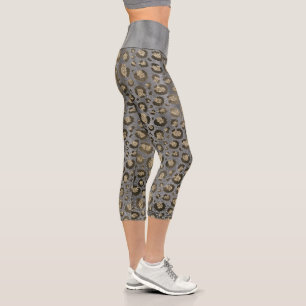 Gold Glittery Leopard Print on Glossy Grey  Capri Leggings