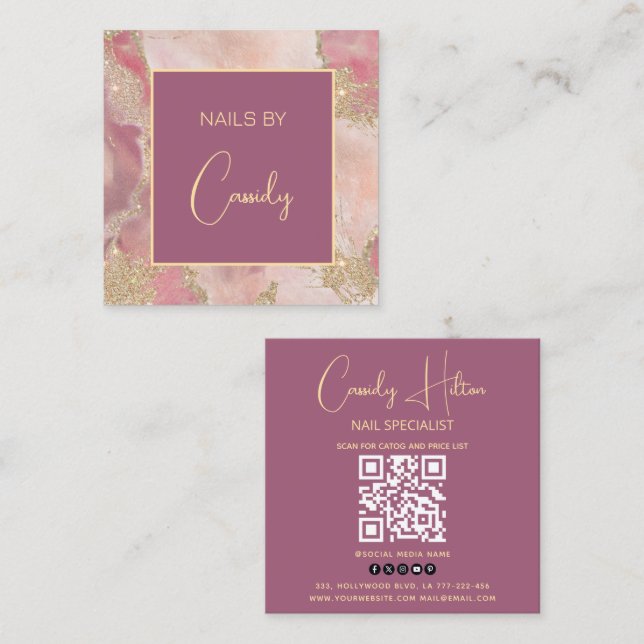 Gold glittery pastel watercolor wash QRcode Square Business Card (Front/Back)